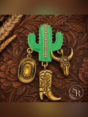 Western Cactus Brooch Pin Green Enamel Rhinestone Cowboy Boot Longhorn Gold NWT